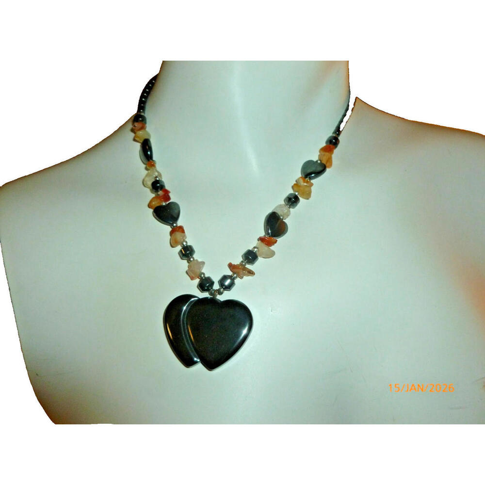 Vintage Double Heart 15" Necklace Hematite Gemstone Estate Beaded Pendant